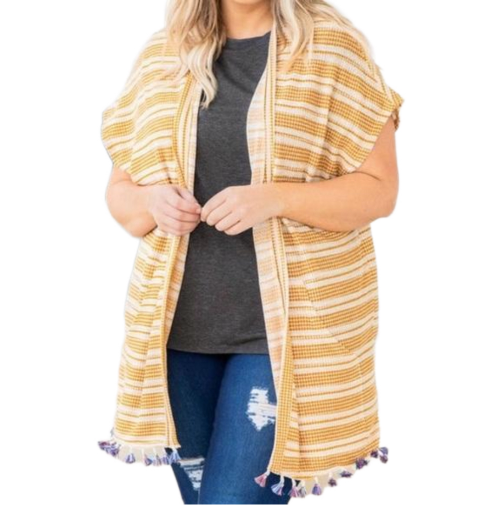 Chic Soul Striped Mustard Kimono Cardigan with Tassels NWOT Size 3X SKU 0068
